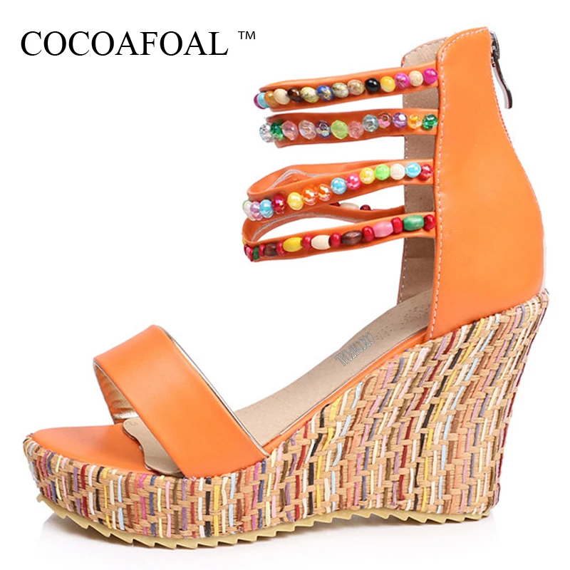 

COCOAFOAL Women Platform Sandals Plus Size 43 Wedges Sexy Plataforma Sandals String Bead Peep Toe Summer Strappy Heels Pumps