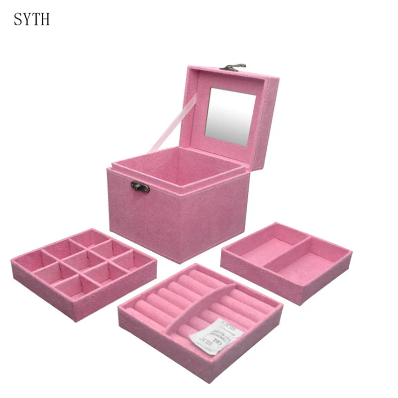 

Large Best Selling Fashion Flannel Square Jewelry Box Simple layout 3 Layers Tray Holder Storage Box organizador