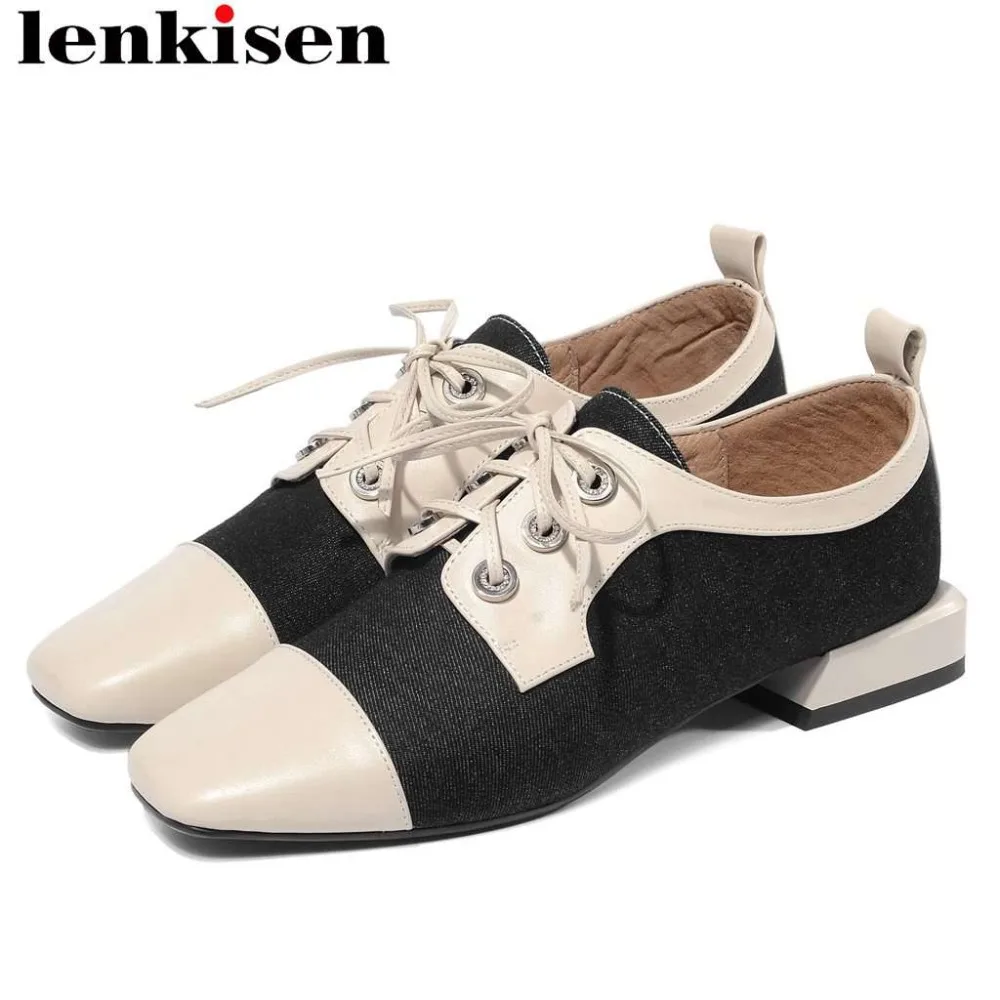 

Lenkisen 2019 British retro style lace up genuine leather square toe large size customization patchwork spring daily shoes L10