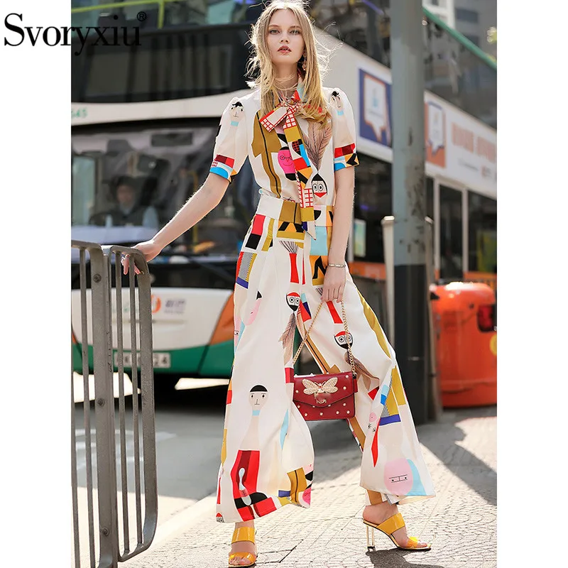

Svoryxiu Designer Autumn Summer Set Suit Women's Short Sleeve Cute Colorful Cartoon Printed Blouse + Wide Leg Pants Suit Twinset