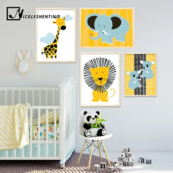 

Cartoon Giraffe Lion Elephant Animal Posters and Prints Minimalist Wall Art Canvas Painting Nusery Wall Picture Baby Living Room