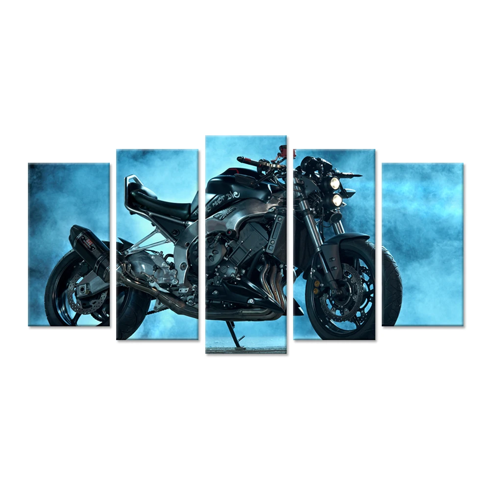 Large 5 Pieces Canvas Wall Art Motorcycle Motor Bike in Black On Blue Background Vintage Style