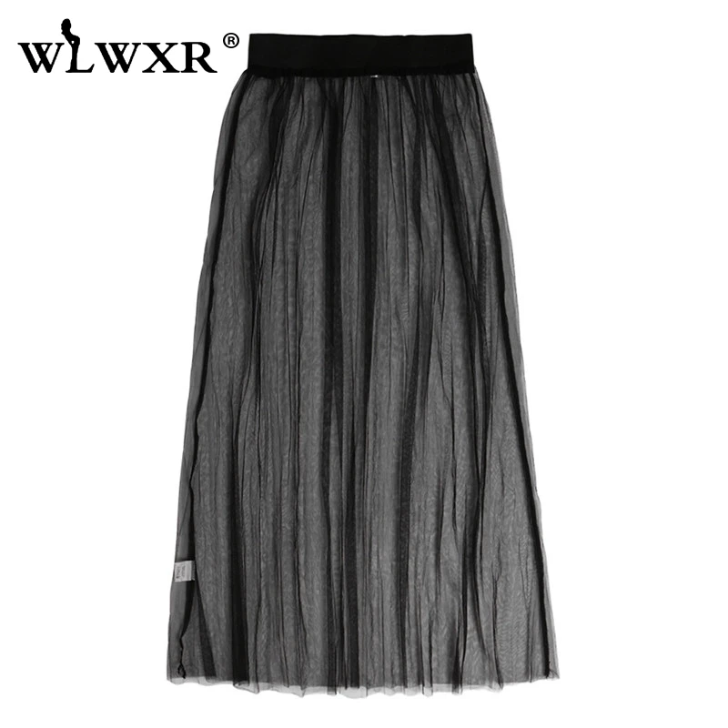 WLWXR, прозрачная плиссированная Сексуальная сетчатая летняя юбка, Женская белая пляжная юбка макси с высокой талией, женские Клубные вечерние длинные юбки