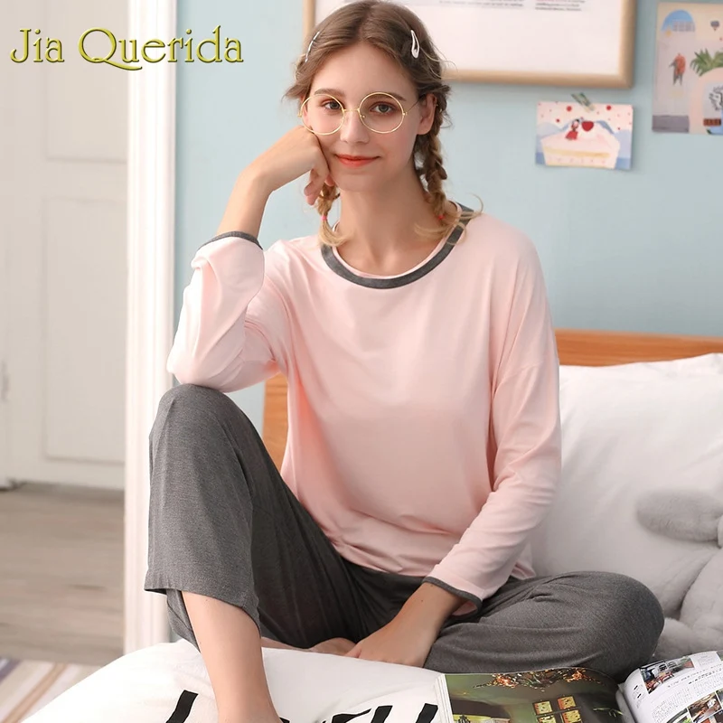 

J&Q Pajama Set Women Long Sleeves Soft Modal Sleepwear 2019 New Fashion Loungewear Women Pullover Sleep Suit Women Home Clothing