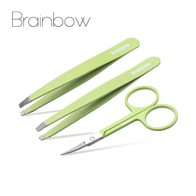 

Brainbow 3pc Professional Makeup Tool Set Kit Stainless Steel Slant Flat Eyebrow Tweezer Eye Hair Removal Curved Makeup Scissors