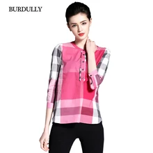 BURDULLY England Style Elegant Summer Women’s Plaid Shirt Female Cotton Fashion Blouse Red And Black Patchwork Blouse Designs