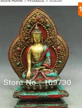 00671 13&quotTibet Buddhism Fane Bronze 24K Gold turquoise coral sakyamuni Buddha Statue | Дом и сад