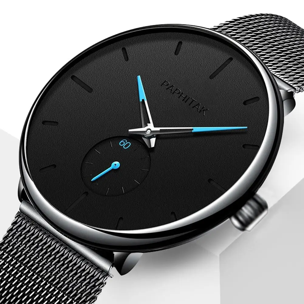 

New Minimalist Sub-dial Decor No Number Men Ultra Thin Mesh Band Quartz Wrist Watch