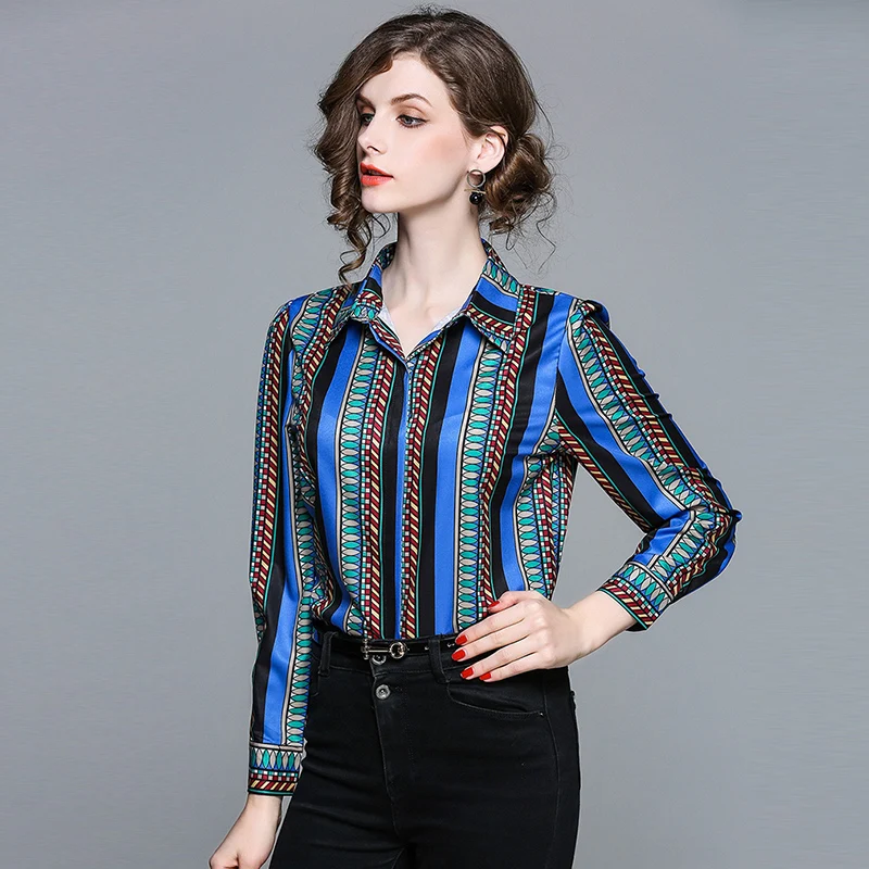 

stripe print cotton blouse shirt Women tops casual streetwear Office Lady OL blue blouse 2018 spring female Elegant blouses