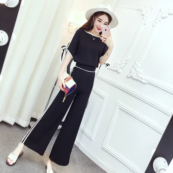 

Set Female 2018 Summer New Fashion Temperament Short-sleeved Clothes + High Waist Wide Leg Pants Elegant Two-piece Striped Set