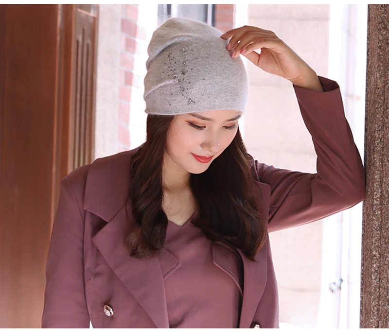 Beanie Women Winter Angora Knit Hat Warm Rhinestone Headwear Soft Casual Slouch Stretchy Outdoor Ski Accessory (8)
