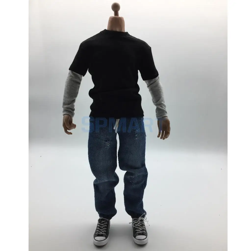 1/6 Scale Mens Outfits Clothes Black Long T-shirt Denim Jeans and Canvas Shoes Set for 12inch   Action Figure Accessories