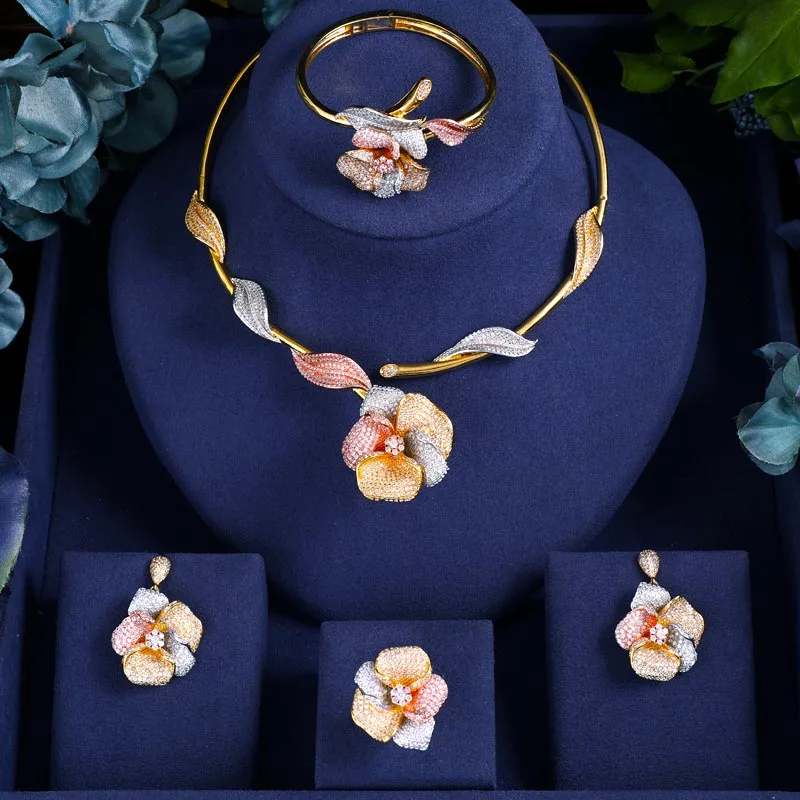 

Accking Angel Luxury Rose Flower Super Shiny AAA Cubic Zirconia 3Tone Copper Necklace Earrings Bracelet Ring Full Set