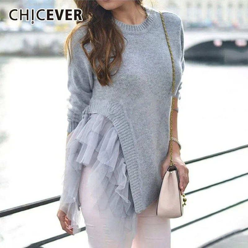

CHICEVER Autumn Mesh Patchwork Thick Knitted Sweater For Women O Neck Long Sleeve Hem Irregular Clothing Female 2019 Fashion New