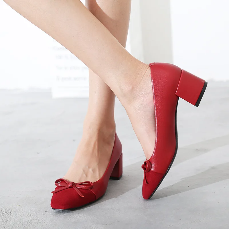 

Med Heels Shoes Women zapatos de mujer Patchwork chaussures femme Sweet Bow Office Lady footware Flock Spring New Casual Pumps