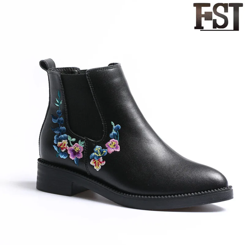 

FSJ Genuine Leather Ladies Spring Chelsea Boots Pointed Toe Flat with Print Winter Metal Pigskin Elegant Flower Fashion Size 35