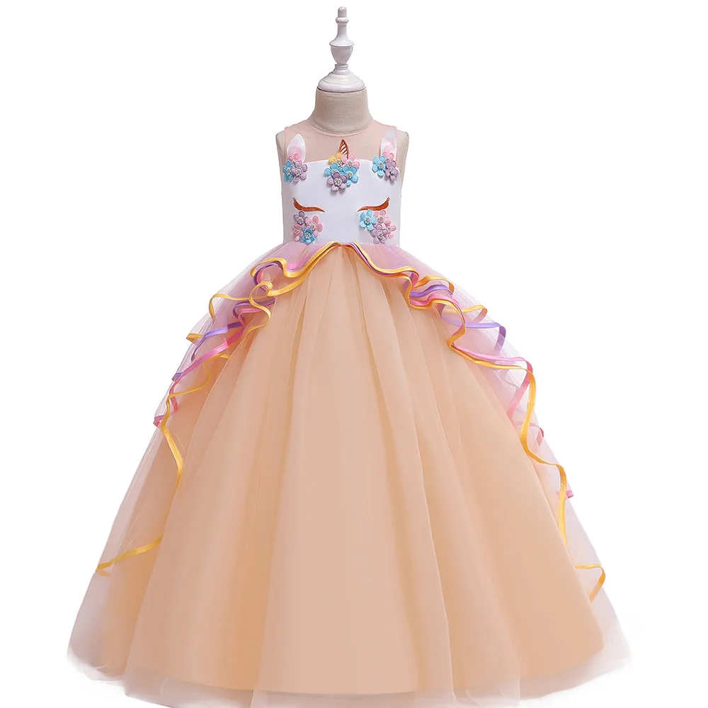 Детское платье в европейском и американском стиле длинное платье с единорогом Сетчатое газовое платье принцессы платье для девочек