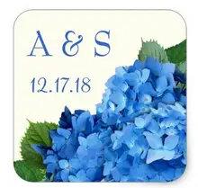 1.5inch Wedding Monogram Favor Label Blue Hydrangeas Square Sticker