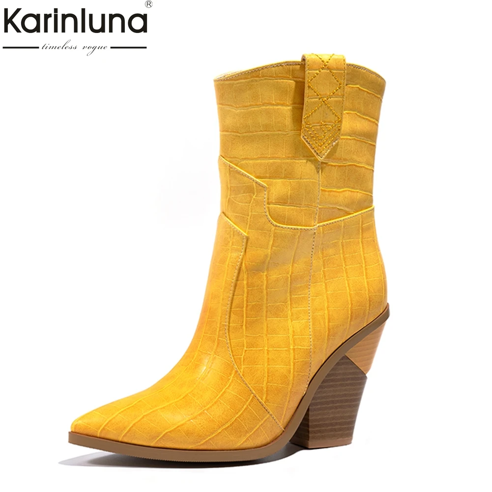 

Brand design Light yellow Fashion large Size 33-46 Retro high Heels mid-calf Boots Women Shoes popular Western boots Shoes Woman