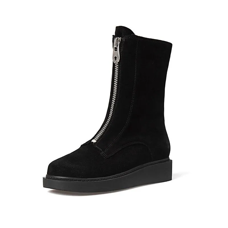 

Nubuck Leather woman casual shoes Solid round to Flat with ladies woman shoes martin ankle boots
