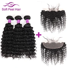 Soft Feel Hair Deep Wave Brazilian Hair Lace Frontal Closure With Bundles Human Hair 3/4 Bundles With Frontal Non Remy Weave