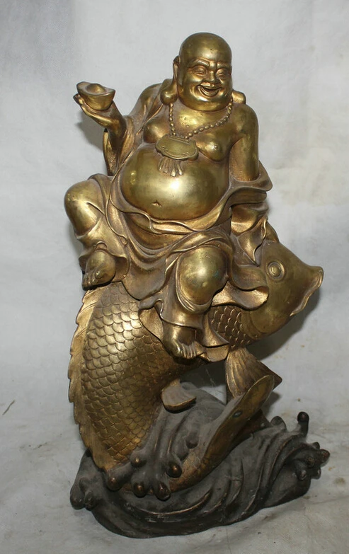

Collectible bronze S1987 18" Chinese Bronze Gild Seat Fish Wealth Happy Laugh Maitreya Buddha Statue