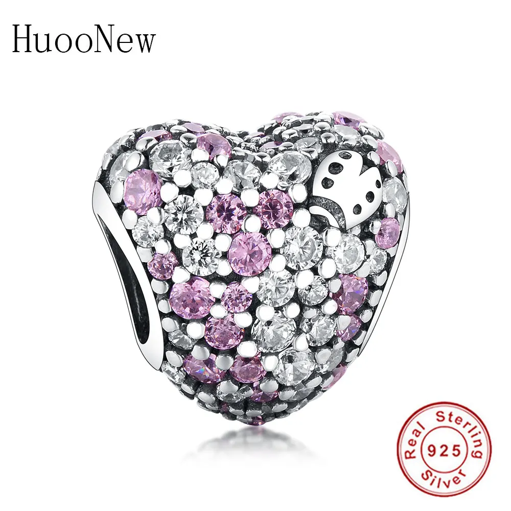 Оригинальный браслет Pandora Pulsera из стерлингового серебра 925 пробы в форме сердца розового цвета с цирконием и кристаллами Божья коровка из