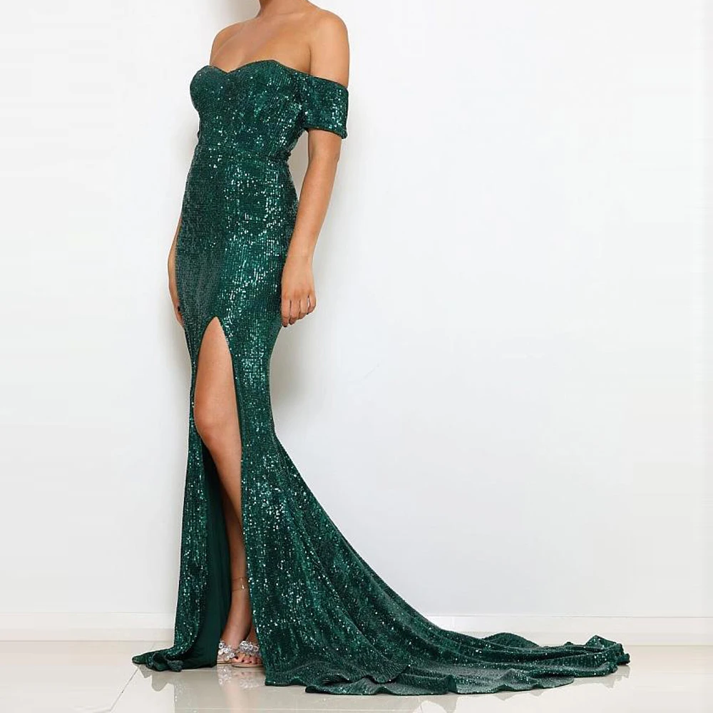 

Green Off The Shoulder Sequined Floor Length Dresses Bodycon Maxi Dress Slash Neck Night Evening Party Maxi Dress