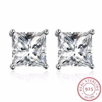 

2017 Trendy Men Women Square Crystal Genuine 925 Sterling Silver 4mm 5mm 6mm 7mm 8mm 9mm 4 Claw Princess Cut CZ Stud Earring
