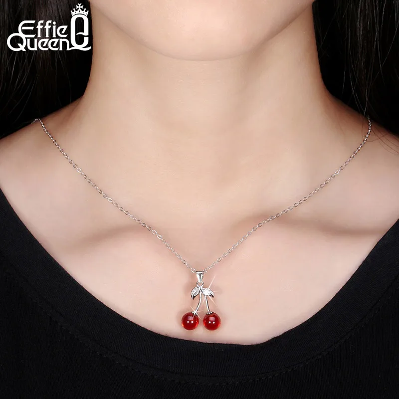 Effie Queen Real 925 Sterling Silver Necklaces with Red CZ Stone Cherry Pendant Fashion Jewelry Statement for Women BN03