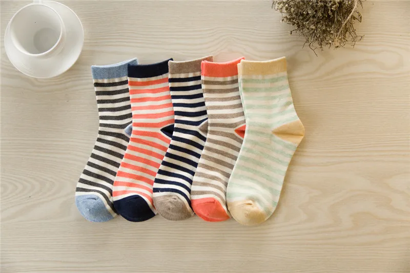 10 шт. = 5 пар, теплые хлопковые женские носки, Осенние новые милые цветные забавные носки в полоску, японские носки для девочек, Calcetines Mujer