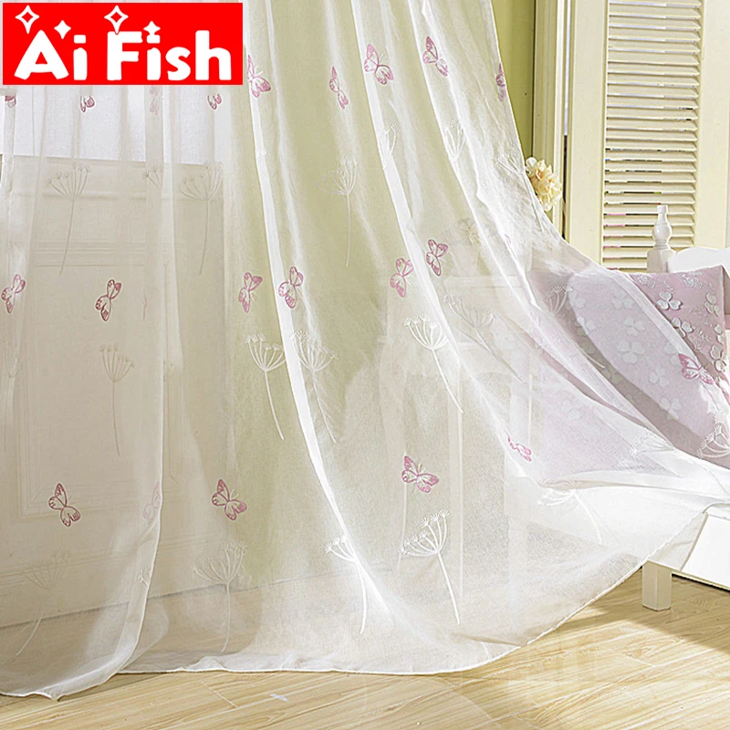 

Pastoral Embroidered Window Sheers Drapes White Dandelion Tulle for windows Pink Butterfly Curtains For Living Room AP266-40