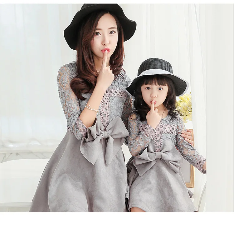 one piece price mother and daughter bow knot hollow out sleeve dress family korean style
