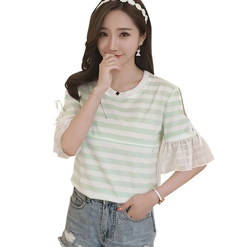 

Flare Short Sleeve Nursing Tops T Shirt Summer Stripes Breastfeeding Top Tees for Pregnant Women Pregnancy Maternity Clothing