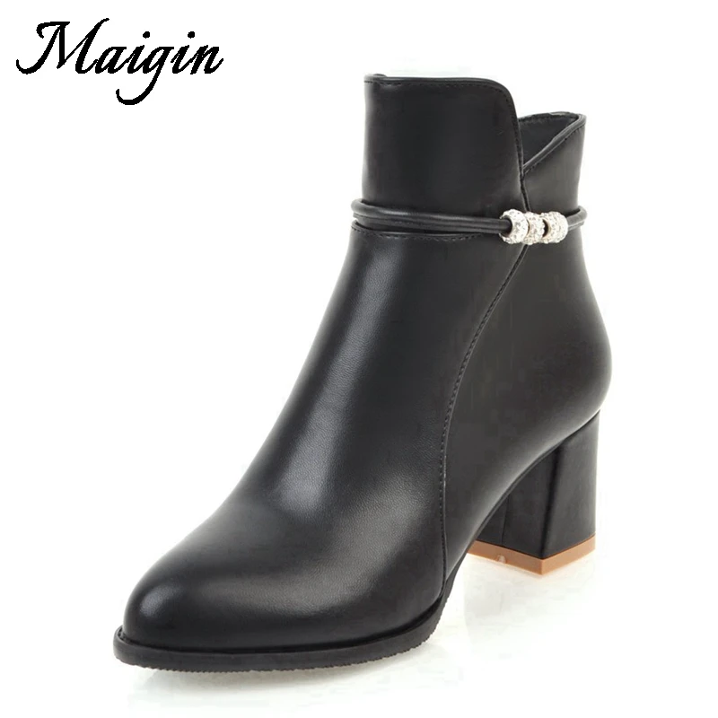 Maigin 2018 High Heels Ankle Women Boots Pointed Toe Block Heels Booties Big Size 34-43 Footwear Soft Leather Ladies Shoes