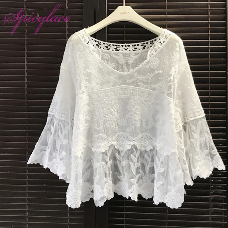 Achat 2018 D été Blanc Floral Fleurs Dentelle Blouse Shirt Femmes Tops Élégant Creusent dehors D été Tops Femme Blouse À Manches Courtes Blusas