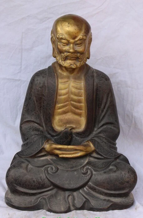 

006028 18" Old Curo Purple Bronze 24K Gold Arhat Damo Bodhidharma Dharma Buddha Statue