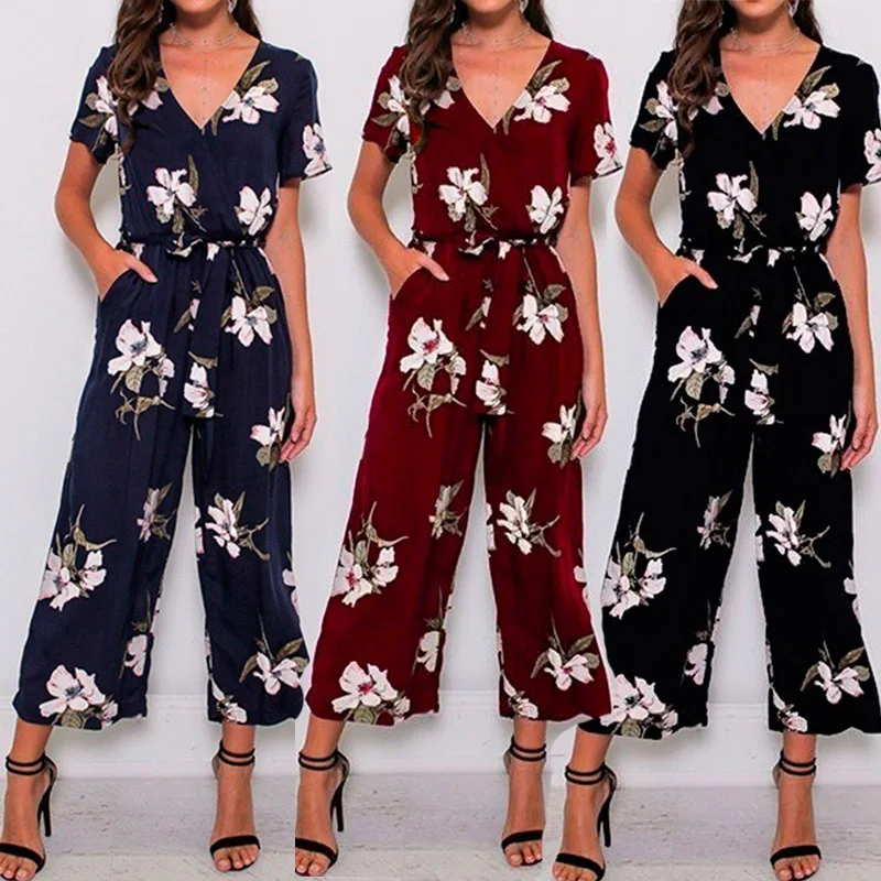 

Women Flower Printing Short Sleeve V Neck Jumpsuit Fashion for Summer Beach Party FDC99