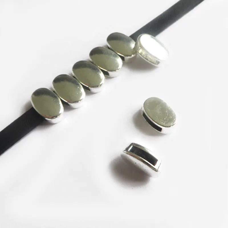 

10pcs Antique Silver Oval Shaped Slider Spacers Charms Beads For 8.5*2mm Flat Leather Cord Bracelet Jewelry Making Accessories