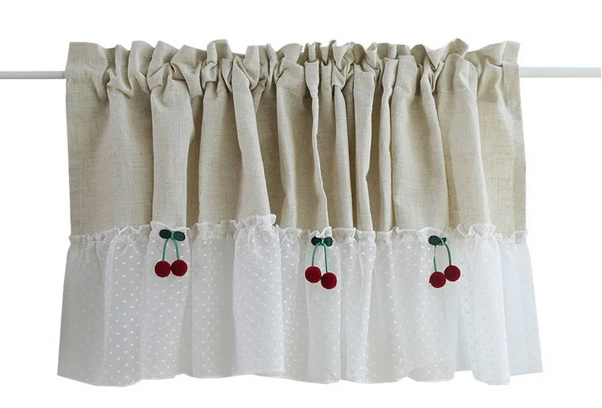 1 PCS Rod Pocket Cherry Lace Half Curtain Living Room Divided Beige Linen Short Curtain Kitchen Cabinet Cafe Drapes Home QT048D3