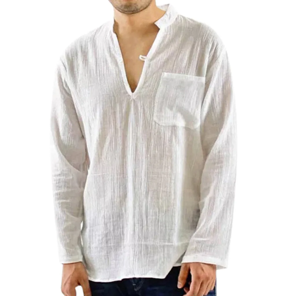 

JAYCOSIN 2019 New Autumn Men Shirts Vintage Breathable Thin V-neck Solid Loose Chest Pocket Tops Blouse streetwear camisas 9712