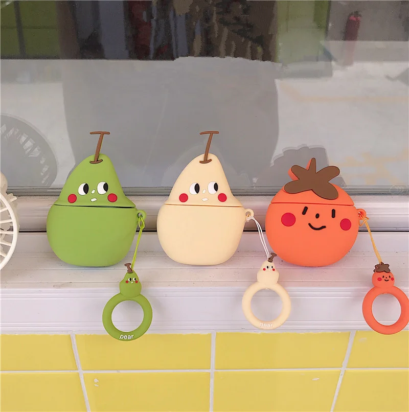 

Cute Pear Persimmon Lovely Expression Headphone Cases For Apple Bluetooth Earphone Airpods 1 2 Silicone Fruit Protection Cover