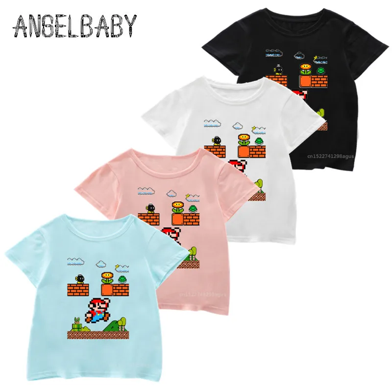 

Boys and Girls Cartoon Mario Print T shirt Kids Super Mario Bros Funny Cute Clothes Baby Summer Short Sleeve T-shirt 5222M