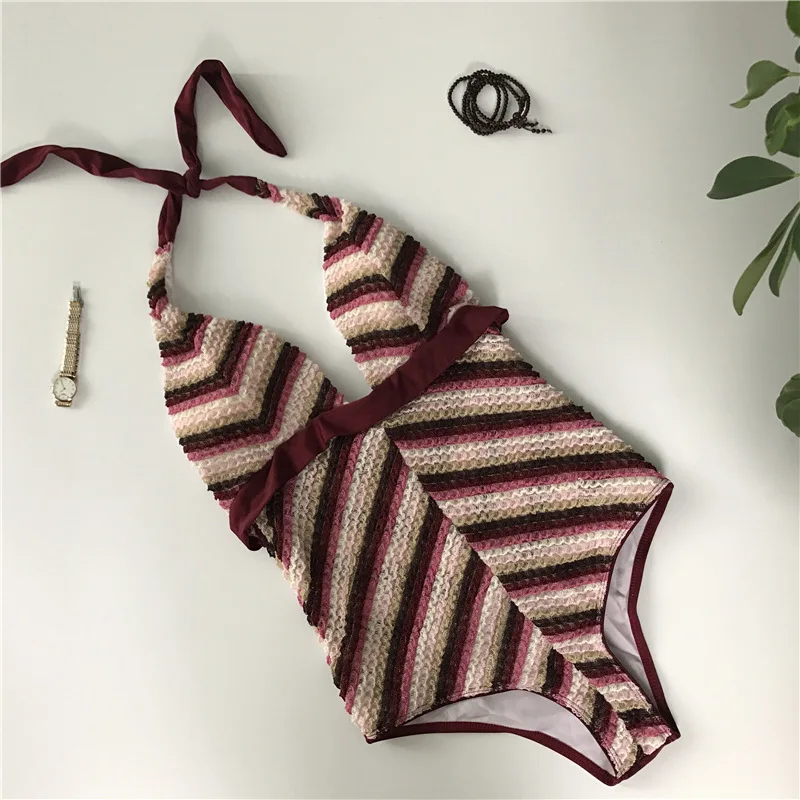 2018 Women One Piece Swimsuit V Neck Bodysuit Sexy Swimsuit Stripe Knitted One piece Solid