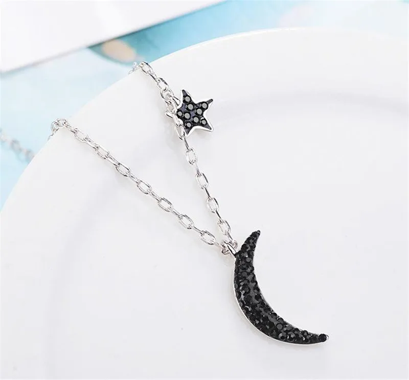 TJP New Fashion Zircon Black Moon Star Female Pendants Necklace Jewelry Women 925 Silver Choker Necklace For Girl Accessories
