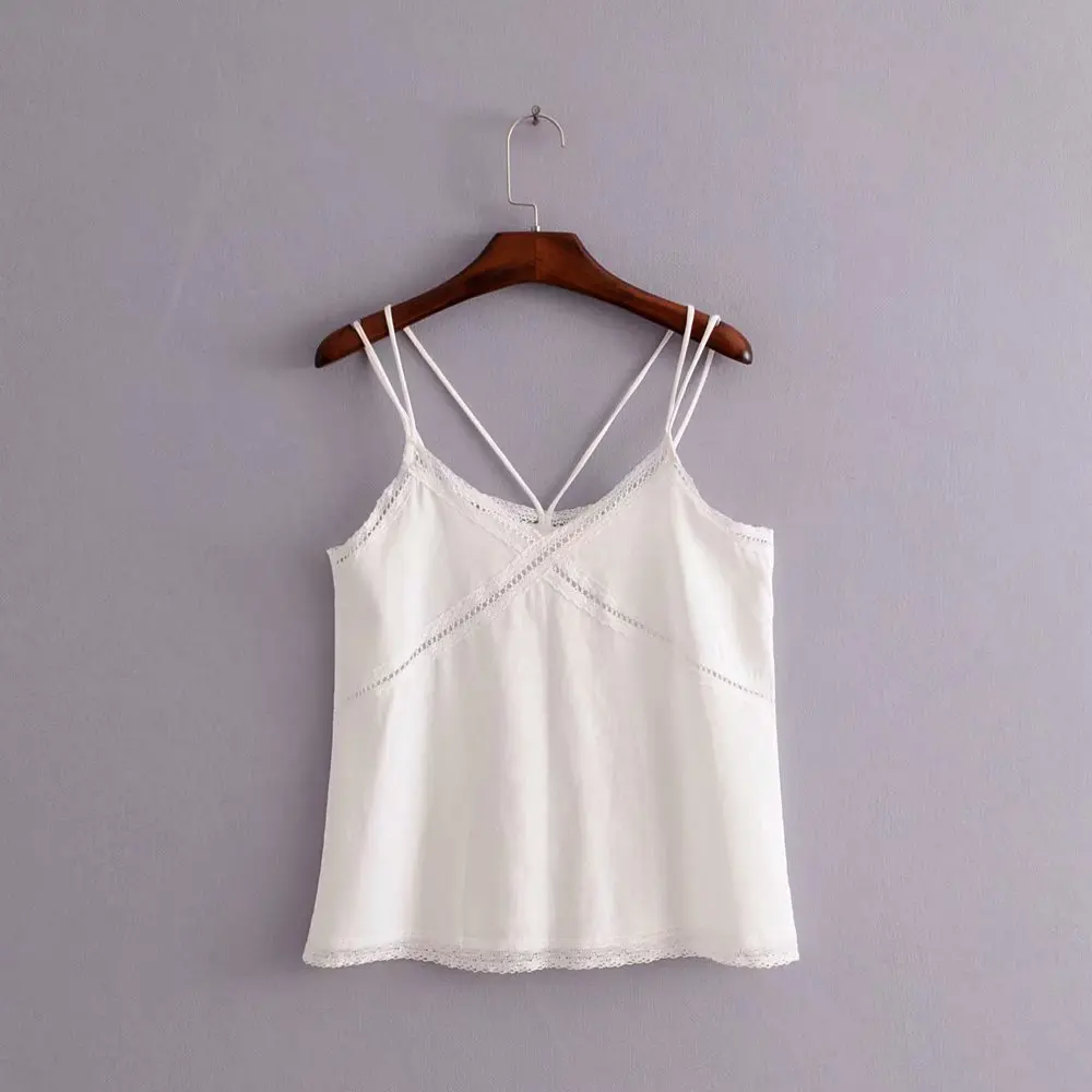 

2018 New Women vintage lace patchwork linen sling tee shirt spaghetti strap hollow camis tank ladies summer vest sling tops T136