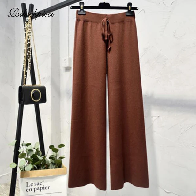 Rihschpiece Winter Knitted Wide Leg Pants Women Elastic Loose High Waist Trousers Female Black Plus Size Pant RZF1554