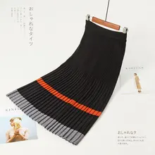 Autumn& Winter Women Fashion Stripes Knitted Pleated Skirt Ladies Casual Slim Brief High Waist Mid-calf A-line Long Skirt