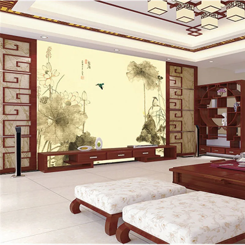 

Custom 3D Print DIY Fabric &Textile Wallcoverings For Walls Wallpaper Matt Silk For Living Room Flowers Chinese Desktop Lotus