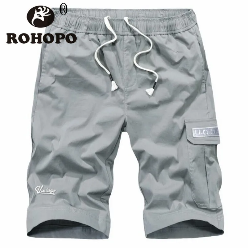

M to 4XL Summer Gray Cotton Casual Short Men Mid Waist Elastic Beach style Pockets Shorts Knee Length Male Sportswear Trousers
